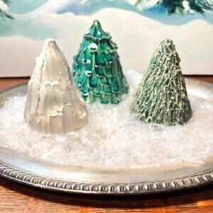 3 Ceramic Christmas Trees in Greens & White